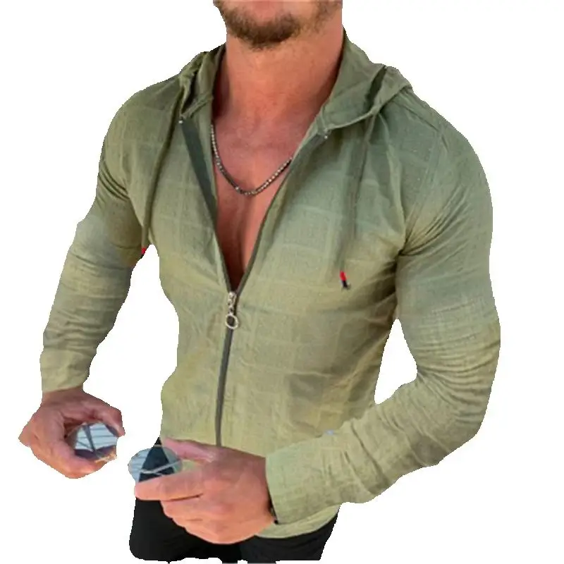 Sommermode, ärmellos/lang/kurzärmelig, Kapuzenpullover, Reißverschluss, T-Shirt, lässig, karierter Druck, offener Stich, Strand-Sonnenschutzkleidung – Detail 7