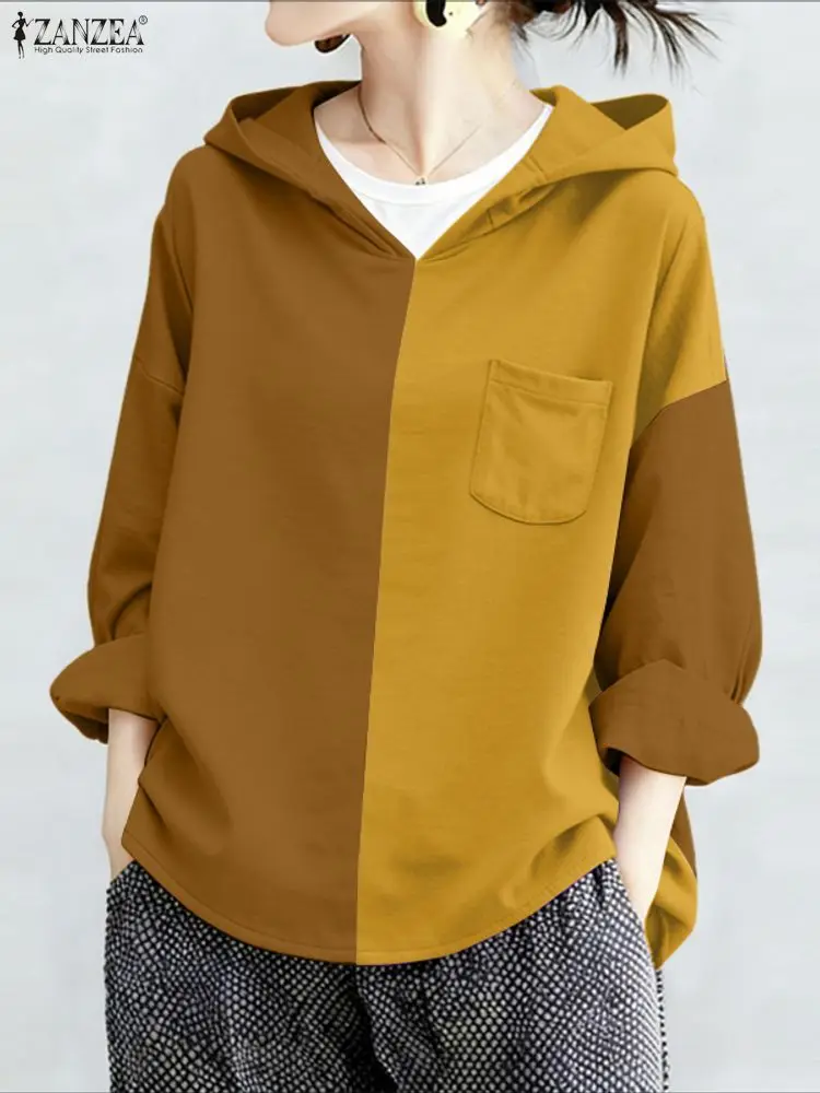 ZANZEA Modna Damska Bluzka z Długim Rękawem i Kapturem 2026 Jesień Kontrastowe Kolory Bluzki Codzienne Wiosenne Koszule Patchworkowe Pulowery