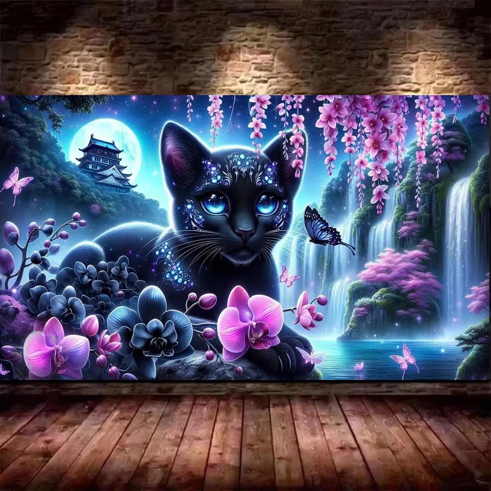 

Fantasy Animal Landscape Flowers Waterfall Black Cat DIY 5D Diamond Painting New 2025 Full Mosaic Diamond Embroidery Large Size