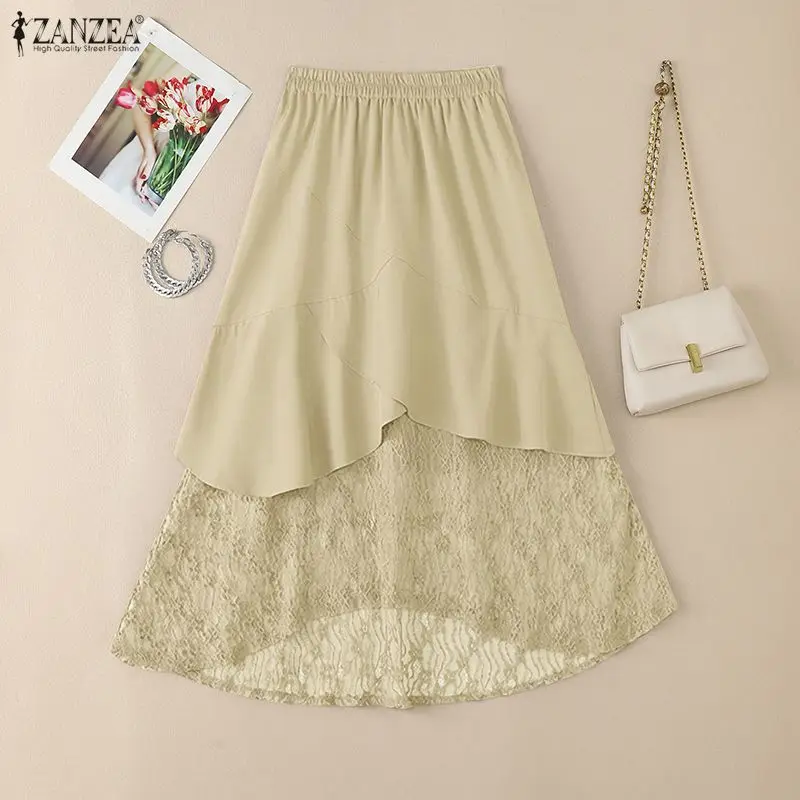 

2026 ZANZEA Весенняя кружевная лоскутная юбка для женщин Jupe Стильная ажурная вечерняя юбка с эластичной резинкой на талии трапециевидной формы однотонная рабочая Faldas Saia