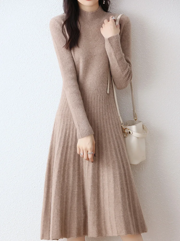 Autumn Winter Half High Collar Mid Length 100% Wool Dress Women Loose Knit Base Pleated Umbrella Skirt Versatile Long Sweater