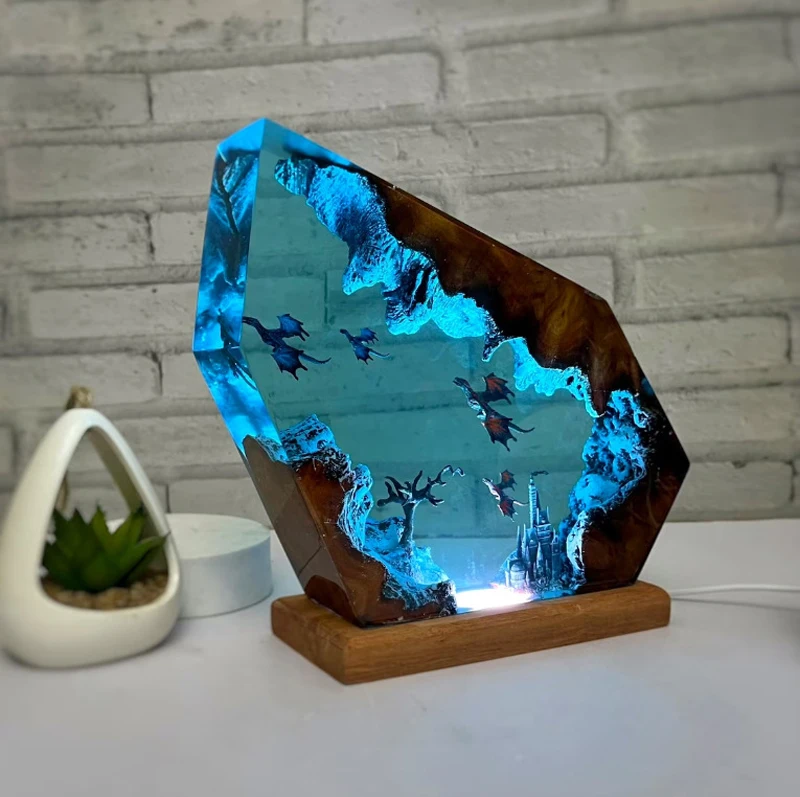 Lámpara de decoración de arte creactivo, luz de mesa de resina de organismo de salida de dragón, luz nocturna con tema de Dragón Volador, carga USB