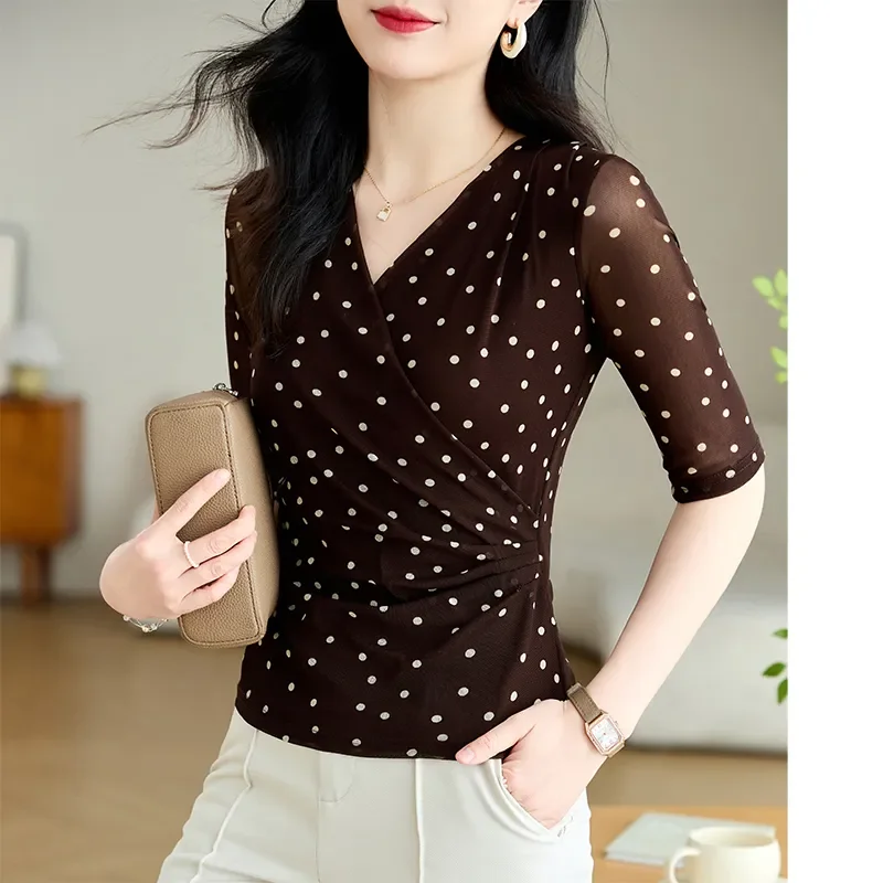 Polka Dot Wrap V-Neck Blouse Women Sheer Half Sleeve Slim Fit Elegant Casual Top