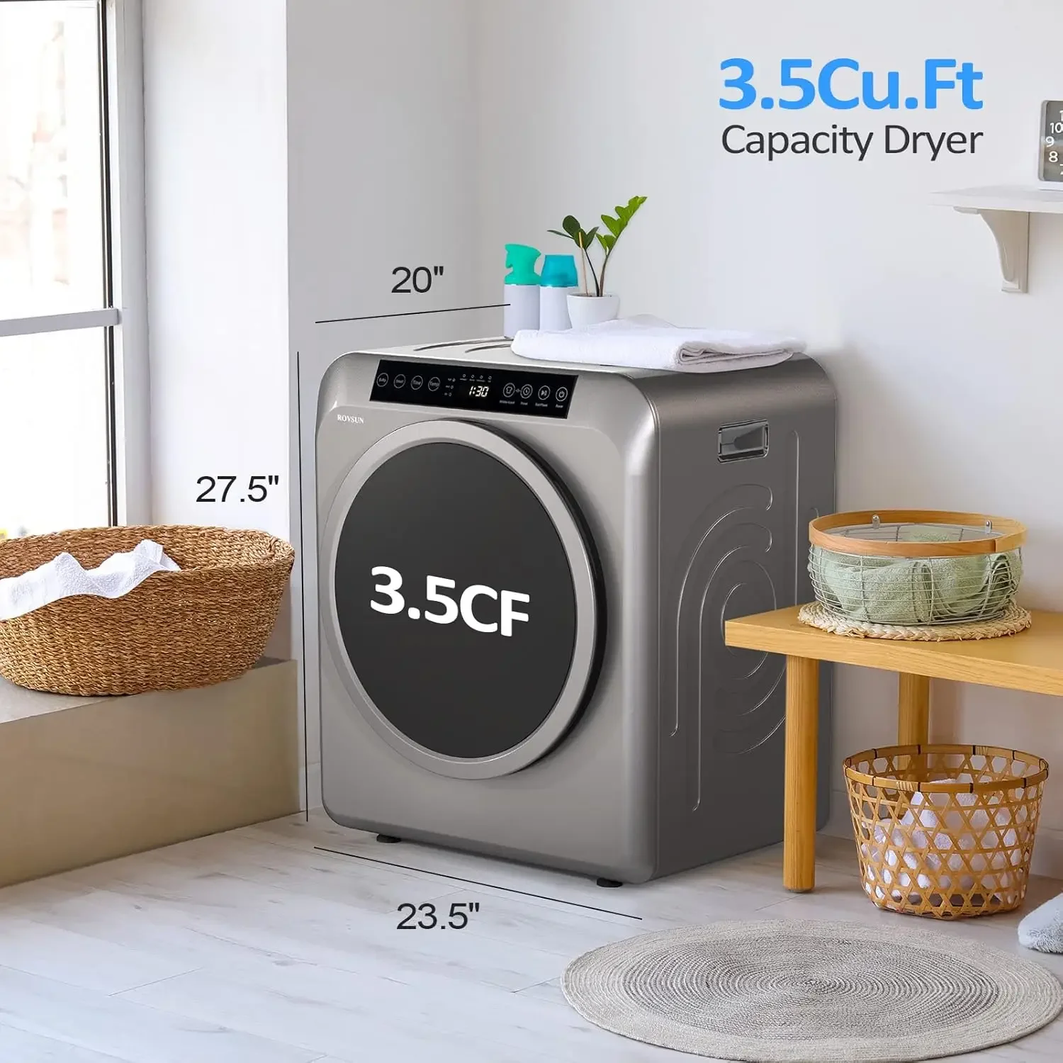 Clothes Dryer, 3.5 Cu.Ft High End Front Load Tumble Laundry Dryer with LCD Touch Screen, Stainless Steel Tub for Apartment, Home