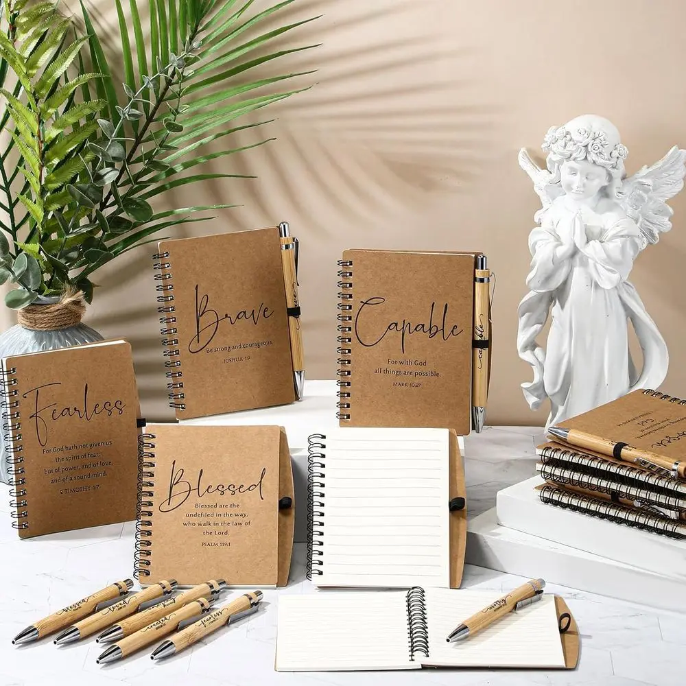 Bulk Christian Gifts: Pastor Ministry Christmas Spiral Notebook & Bamboo Pen with Bible Verses for Church & Sunday School (Brown