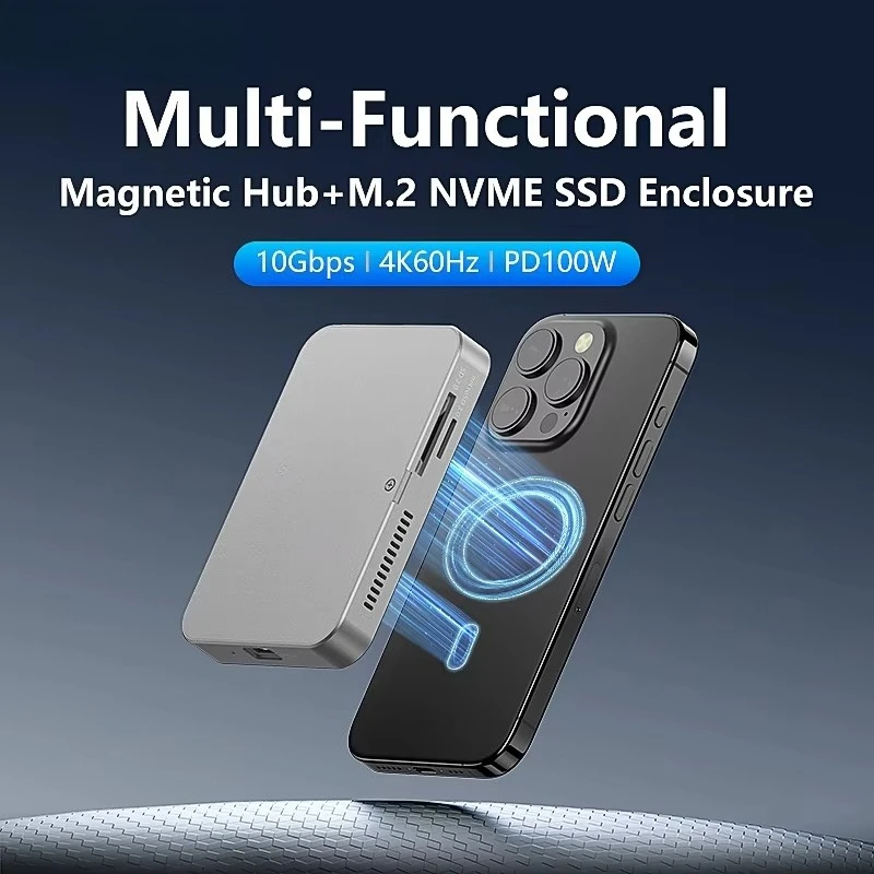 10Gbps Magnetic Docking Station & M.2 NVME SSD Enclosure USB C Hub 8 In 1 Support 4K60Hz ProRes HD Video