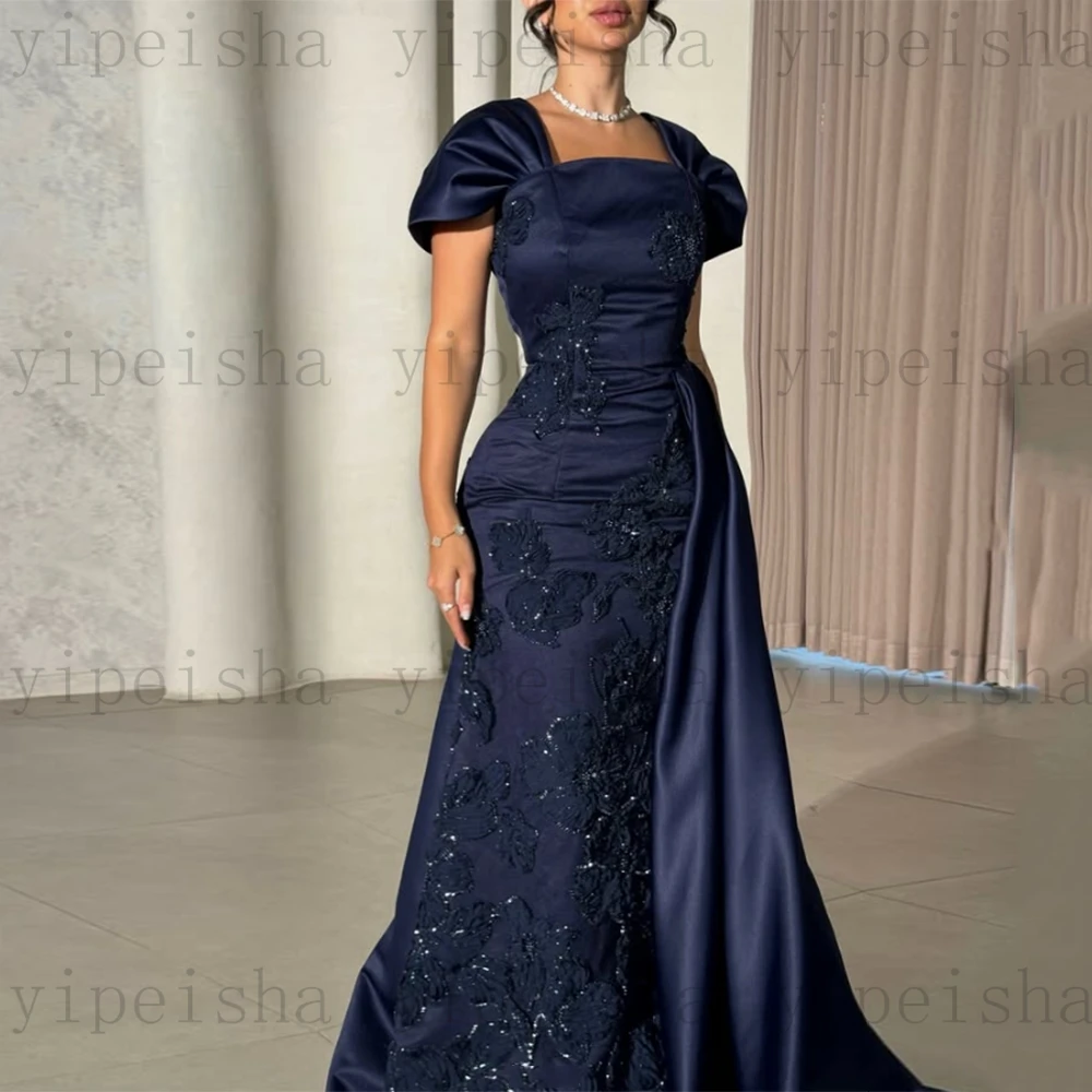 カスタマイズされたスクエアカラーイブニングドレス半袖背中の開いたスパンコールレースアップリケウエディングドレスネイビーブルーマーメイドパーティードレス