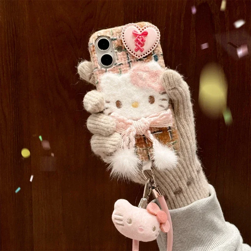 Ins Cute Cartoon Sanrio Hello Kitty Winter Warm Furry Plush Phone Case For iPhone 16 15 14 13  Pro Max Soft Cover With Lanyard