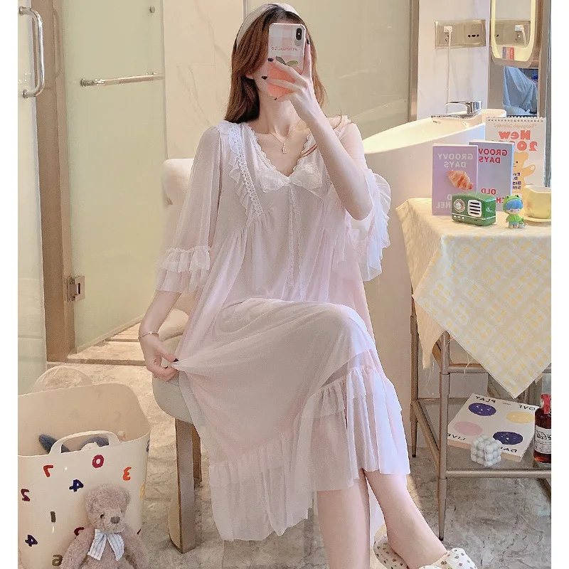 Women Lolita Night Dress Princess Sleepwear Multilayer Lace Mesh Romantic Vintage Victorian Nightgowns Nightdress Lounge Wear