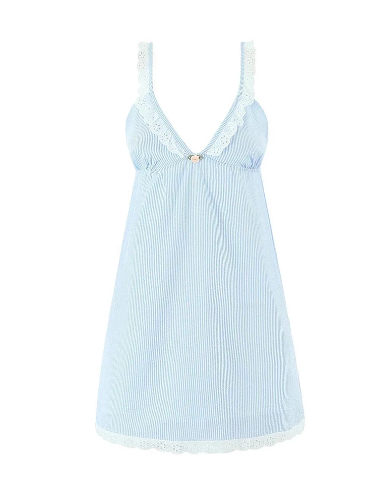 Summer Blue Striped Mini Dress Women Lace Camisole V-neck Backless A-line Sweet Dresses
