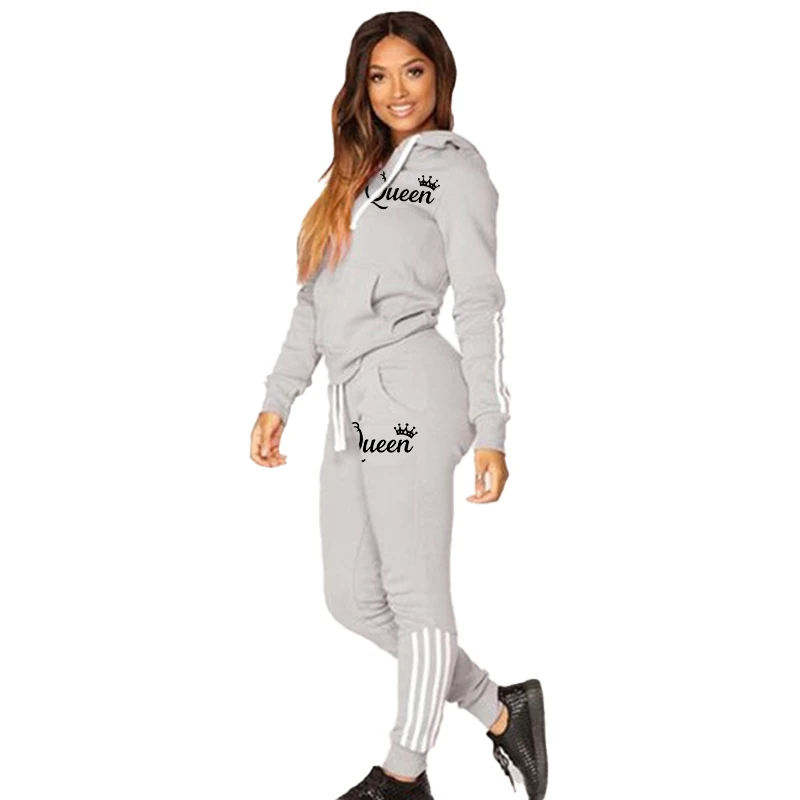 Female Elegant Tracksuit Pink Tops Two Piece Set Autumn Preppy Hooded Zip Pants Suits Sweatsuit Slim Clothes Print Casual Outfit