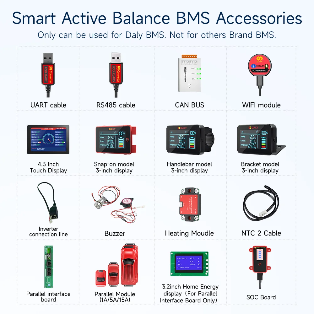 DALY 100 BALANCE Accessories Buzzer heating module key switch WIFI rs485 UART CANBUS Bluetooth RS485 3.0 4.3 Dispaly