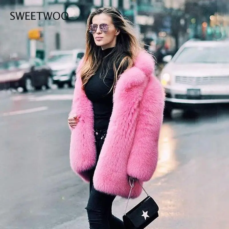 Inverno quente branco do falso casaco de pele das mulheres manga longa rosa luxo elegante fofo falso pele de coelho blazers outfits moda streetwear