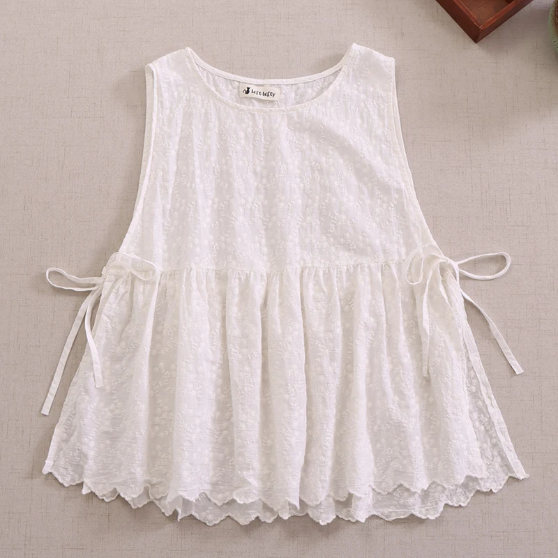 Japanese Sweet Mori Girl Embroidery Sleeveless Blouse Women Summer O-neck Solid Color Vintage Loose Vest Tank Tops