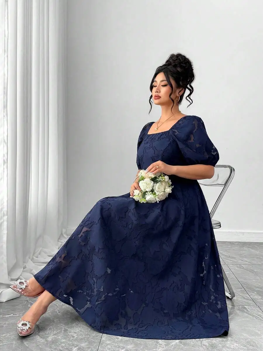 

Elegant Square Neck Puff Sleeve Jacquard Cutwork Floor Length Dress For Women