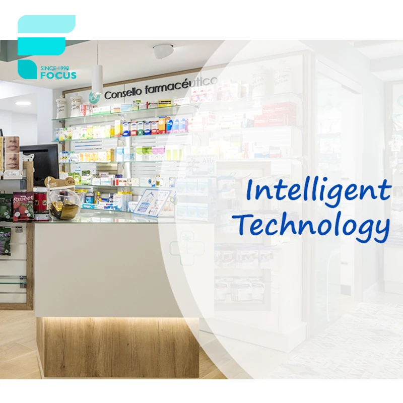 Customized-Modern Medical Shop Decoration Aluminum Lockable Display Cabinet Pharmacy Counter Design