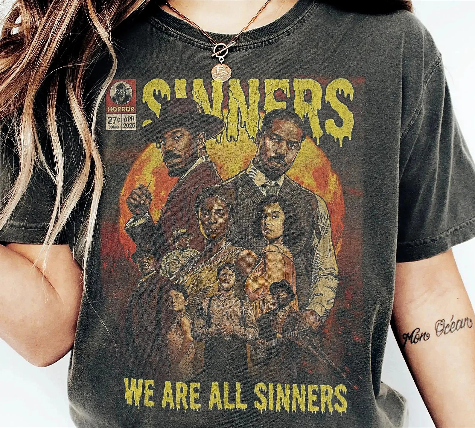 Sinners Movie Vintage Horror Tee T-Shirt, Comic-Stil, Halloween, Sommer, Unisex, lockeres und atmungsaktives Baumwoll-T-Shirt – Detail 2