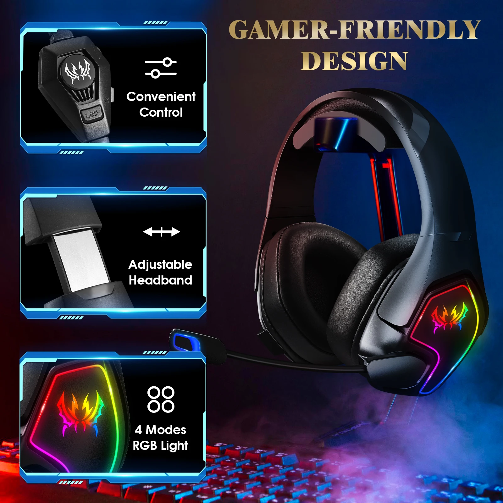 Игровая гарнитура G3000 3,5 мм со светодиодной подсветкой RGB, микрофоном с шумоподавлением, комфортом наушников для ПК/PS5/Xbox