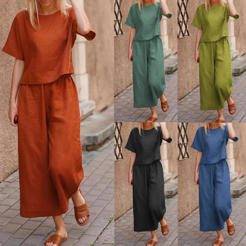 Fashionable Casual plus Size Set Loose  Color Shirt Pants Two Piece Set Women's Clothing Summer  Polyester Blend