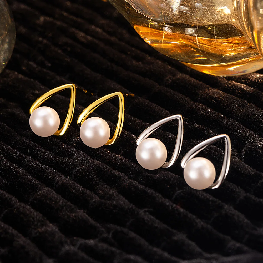 

Серьги из стерлингового серебра 925, треугольные полые серьги с искусственным жемчугом, женские модные простые серьги на день рождения, свадьбу, подарок