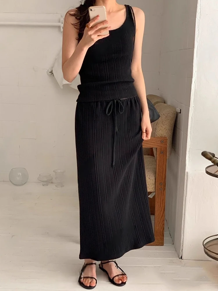 

Chic Summer High Waist Belted Midi Skirt And Tank Top Set Faionable Stripe Pattern Two Piece Women's Clothing Ensemble