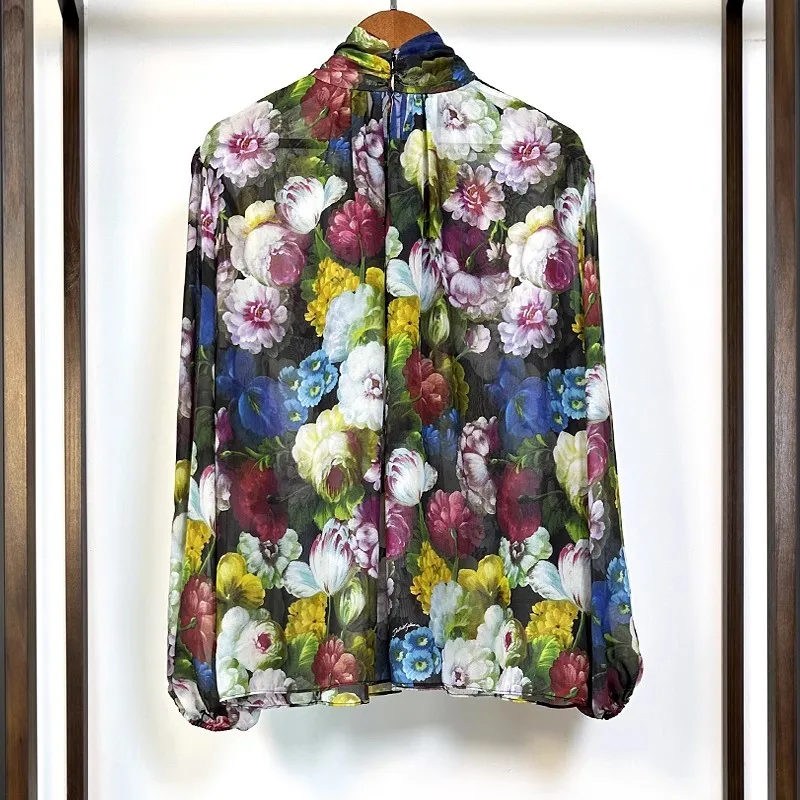 Seasixiang Fashion Designer Spring Summer Silk Shirt Women Lace-up Collar Lantern Sleeve Floral Print Vintage Loose Dresses