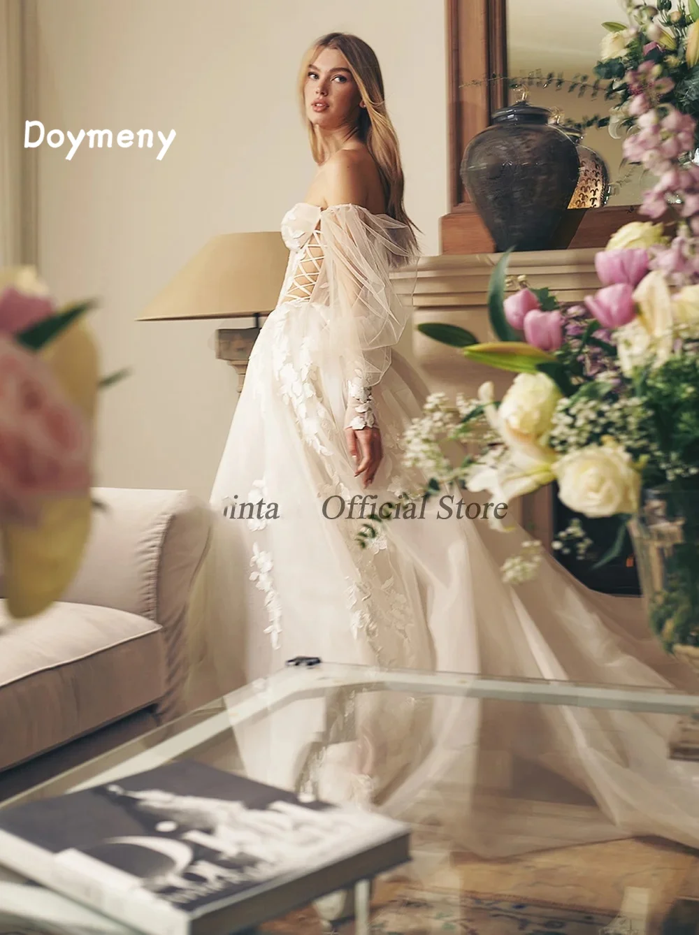 Doymeny Puff Long Sleeves  Bohemia Wedding Dresses Appliques Lace Off Shoulder A-Line Bridal Gowns Beach Boho Wedding Dress