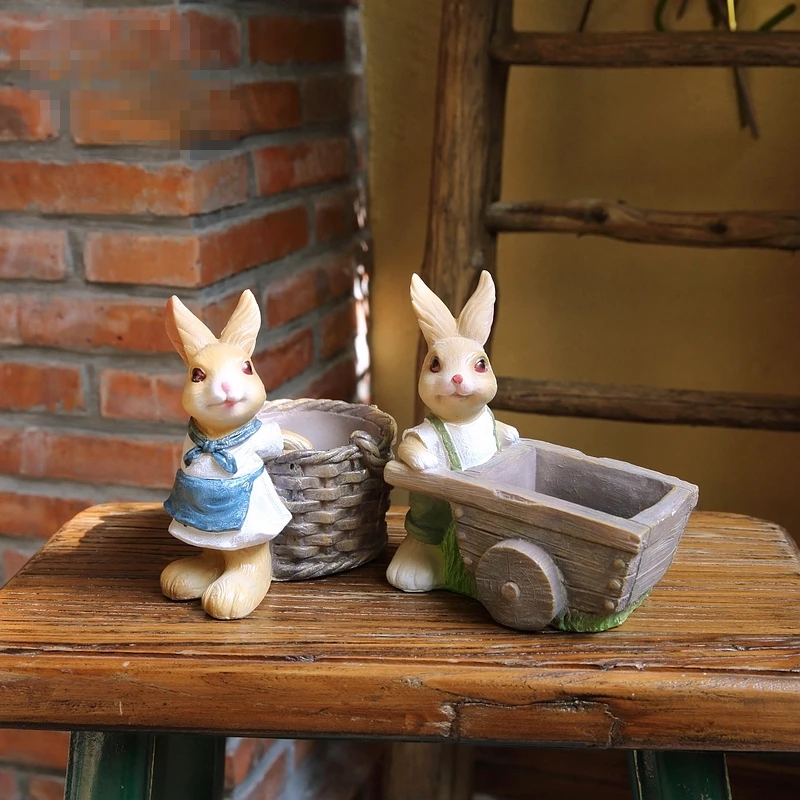 

Pastoral resin rabbit animal ornaments garden planting green plant bunny flower small pot decoration