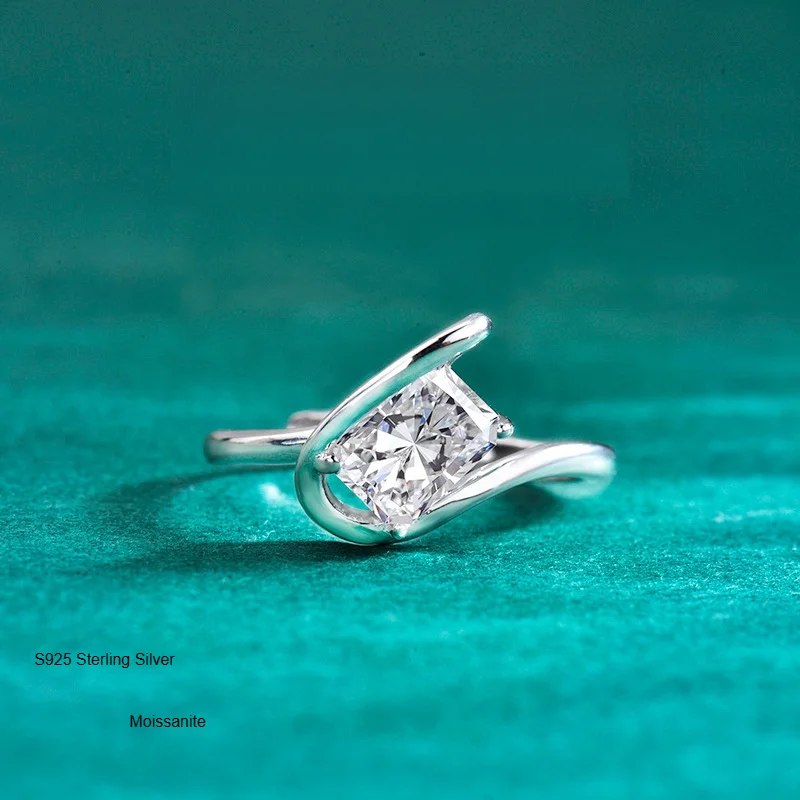 

S925 Sterling Silver Moissanite Geometric Line Square Ring with Certificate, Women's Light Luxury High-End Finger Ring Jewelry G