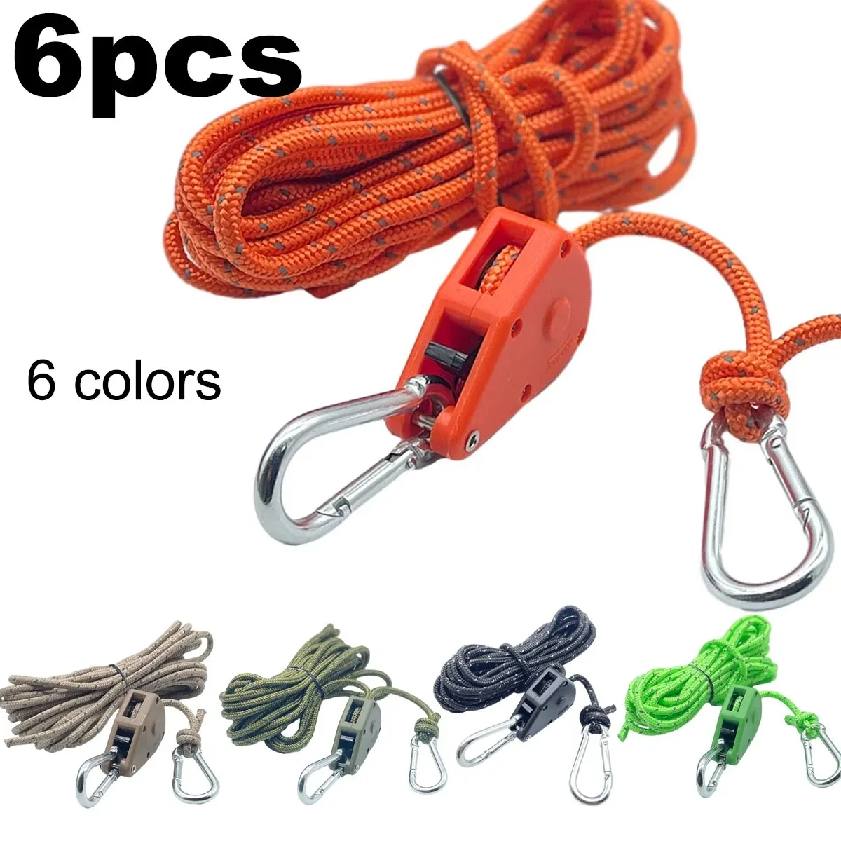 6Pcs 4mm Camping Tent Tie Down Rope Tightener Fastening Wind Rope Buckle Pulley Ratchet Hangers Awning Rope Hook Tie Down Strap