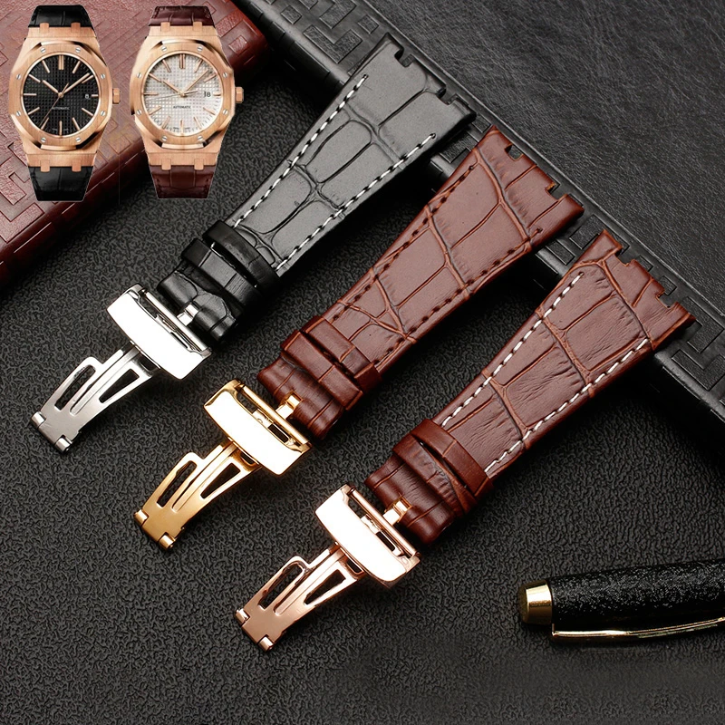 For AP 41mm Dial strap 26mm Black Brown With Stitches Genuine Leather Cowhide Watch Band Bracelet with steel deployment buckle