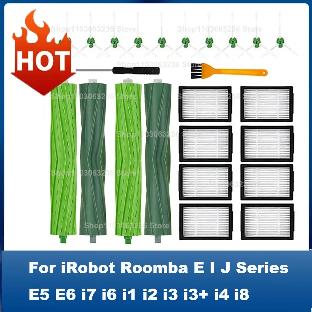 Piezas de Repuesto compatibles con iRobot Roomba E I J Series E5 E6 i7 i6 i1 i2 i3 i3 + i4 i8 Filtro de cepillo lateral de goma, bolsas de polvo