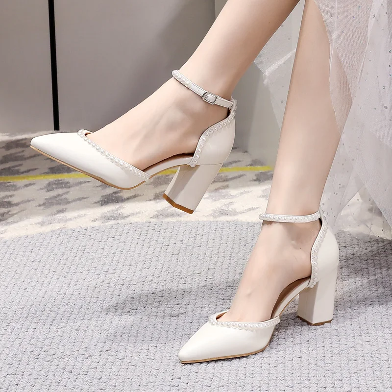 BaoYaFang Bridal wedding shoes Women Thin Heel Pointed Toe Pearl Female Ladies Party Shoe Ankle Strap Buckle Autumn Ladies Shoe