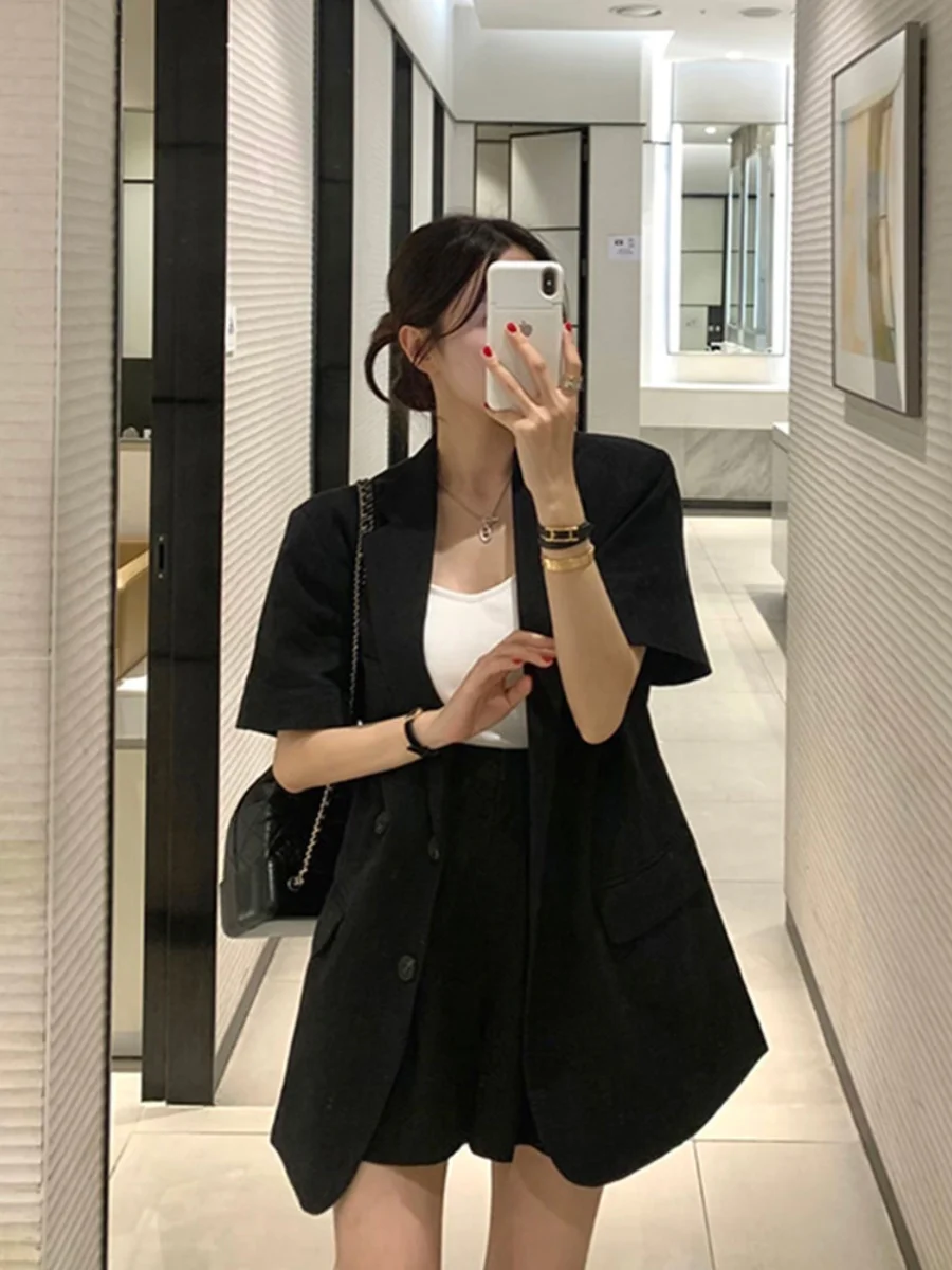 

Шикарный летний винтажный костюм: топ с воротником и коротким рукавом, шорты с высокой талией и широкими штанинами, модный женский комплект из двух предметов