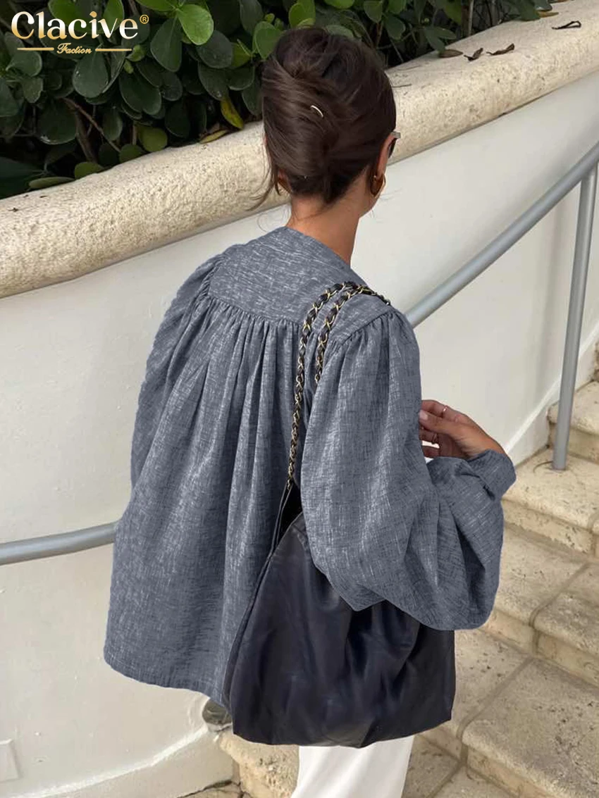 Clacive Fashion Loose Blue Linen Women's Shirt 2025 Casual V-Neck Puff Sleeve Shirts Elegant Classic Solid Tops Female Clothing