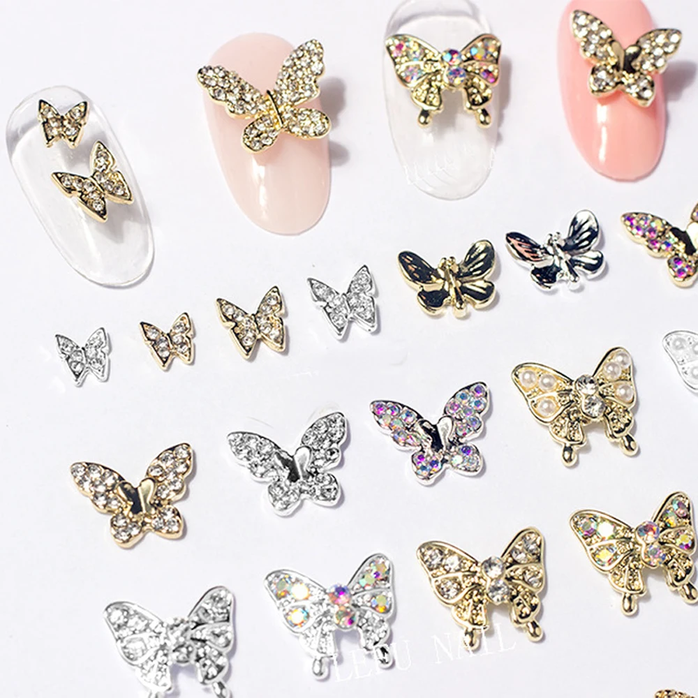 10pcs Multi-Designs Borboleta Nail Art Jóias 3D Borboleta (Com Pérola Diamante Rhinestone) Nail Charm Alloy Nail Acessórios