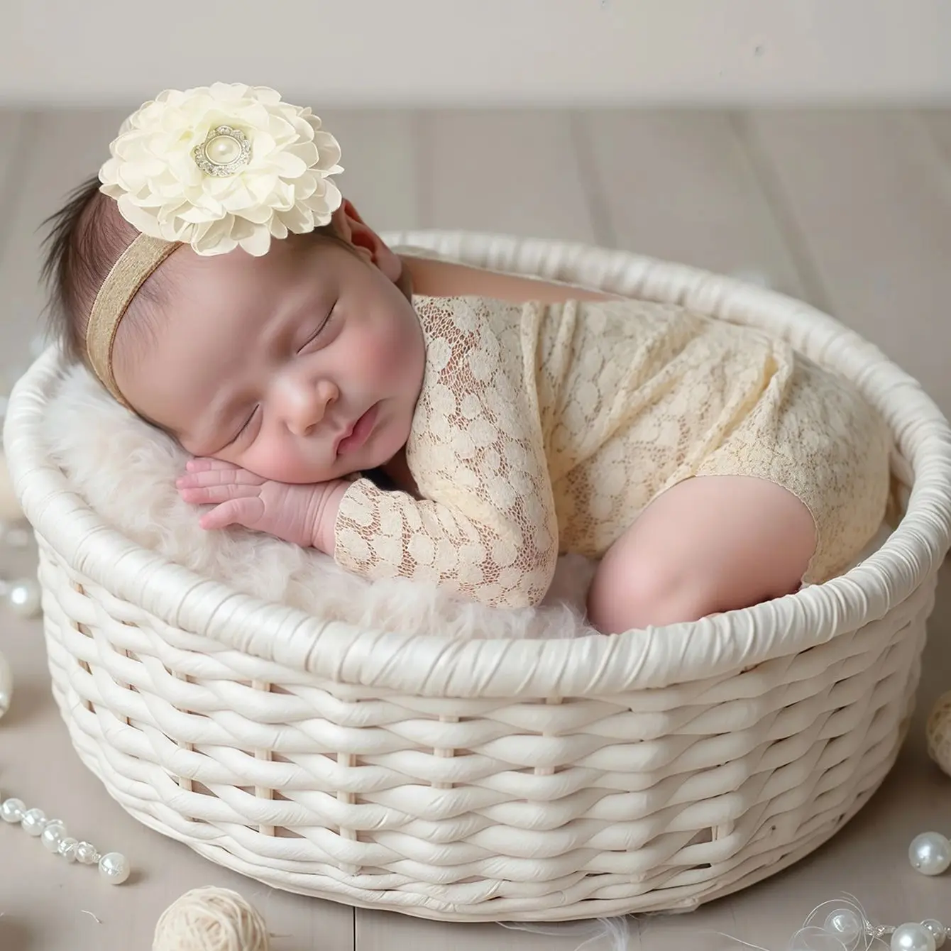 Ylsteed 2Pcs Newborn Girl Big Flower Headpiece Lace Jumpsuit Baby Photography Outfit Pink Newborn Long Sleeved Clothing-HD
