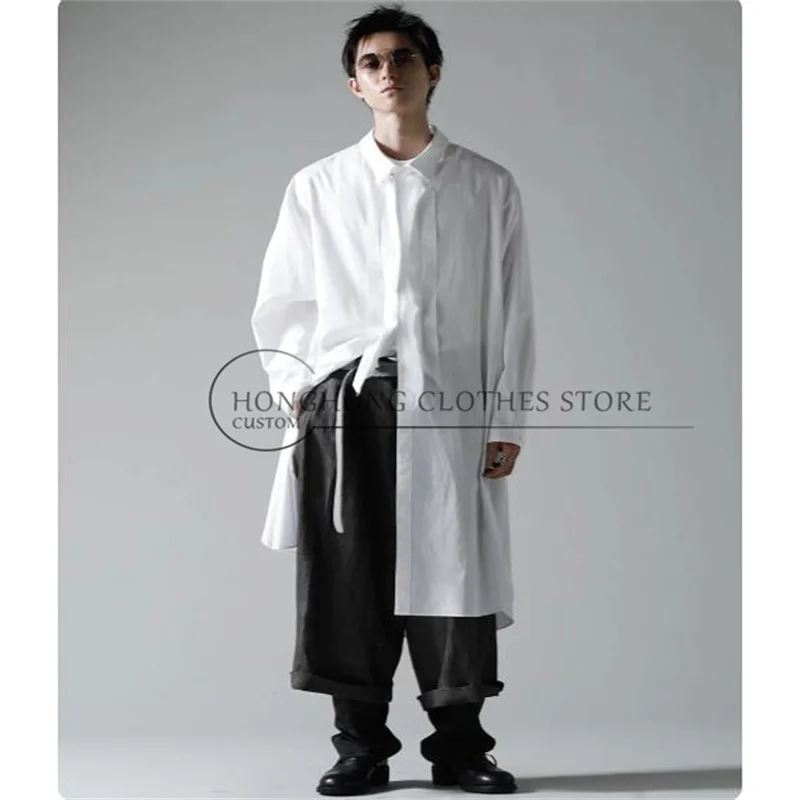

【Customized】White deconstructed loose long shirt for men - Simple three-layer collar cotton large-sized shirt