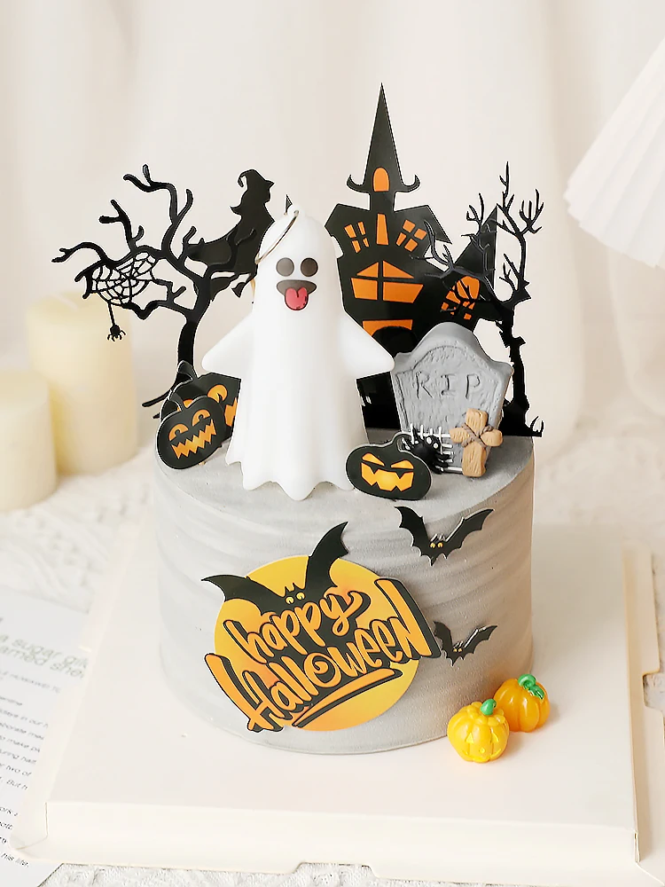 Glowing ghost Happy Halloween Theme Castle Cake Grimace Bat Witch Children Kids Cake Topper Insertion Supplies Decoration view 5