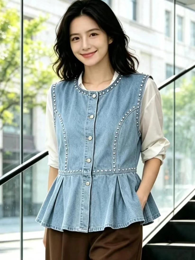 Stylish Belted Denim Vest Women's Spring Autumn Sleeveless round Neck Rivet Casual Tank Top Cotton Polyester Blend