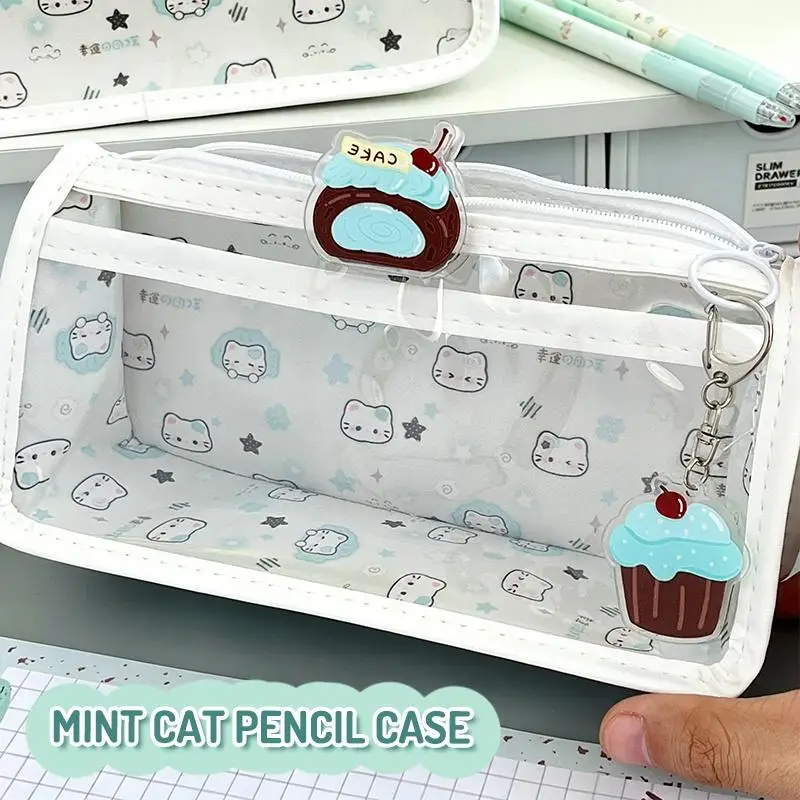 Cute Cat High Capacity Transparent Pencil Case Storage Bag Student Stationery Supplies Pouch Cosmetic Bag Gift