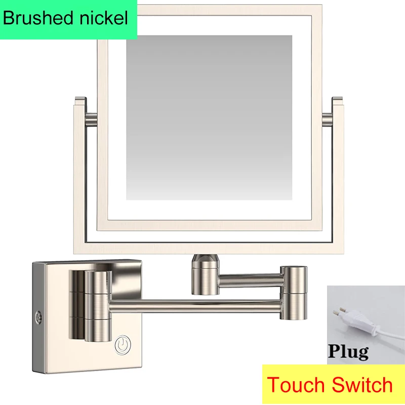 Square Touch Led opvouwbare badkamerspiegel 3x vergrotende badkamer make-upspiegels Accessoires Wandmontage Touch on badspiegels
