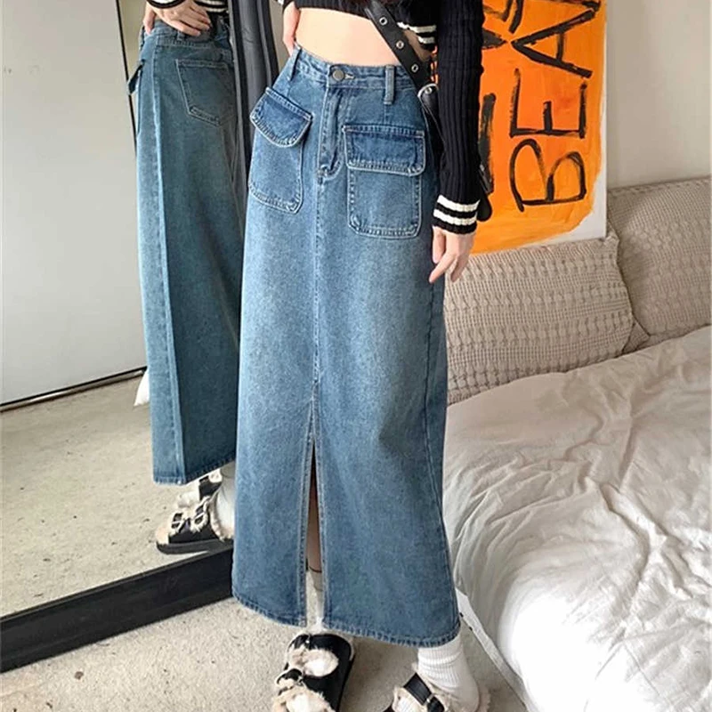 S-3xl faldas vaqueras con abertura de gran tamaño para mujer, falda vaquera azul acampanada, faldas de longitud media de cintura alta para mujer, ropa de calle