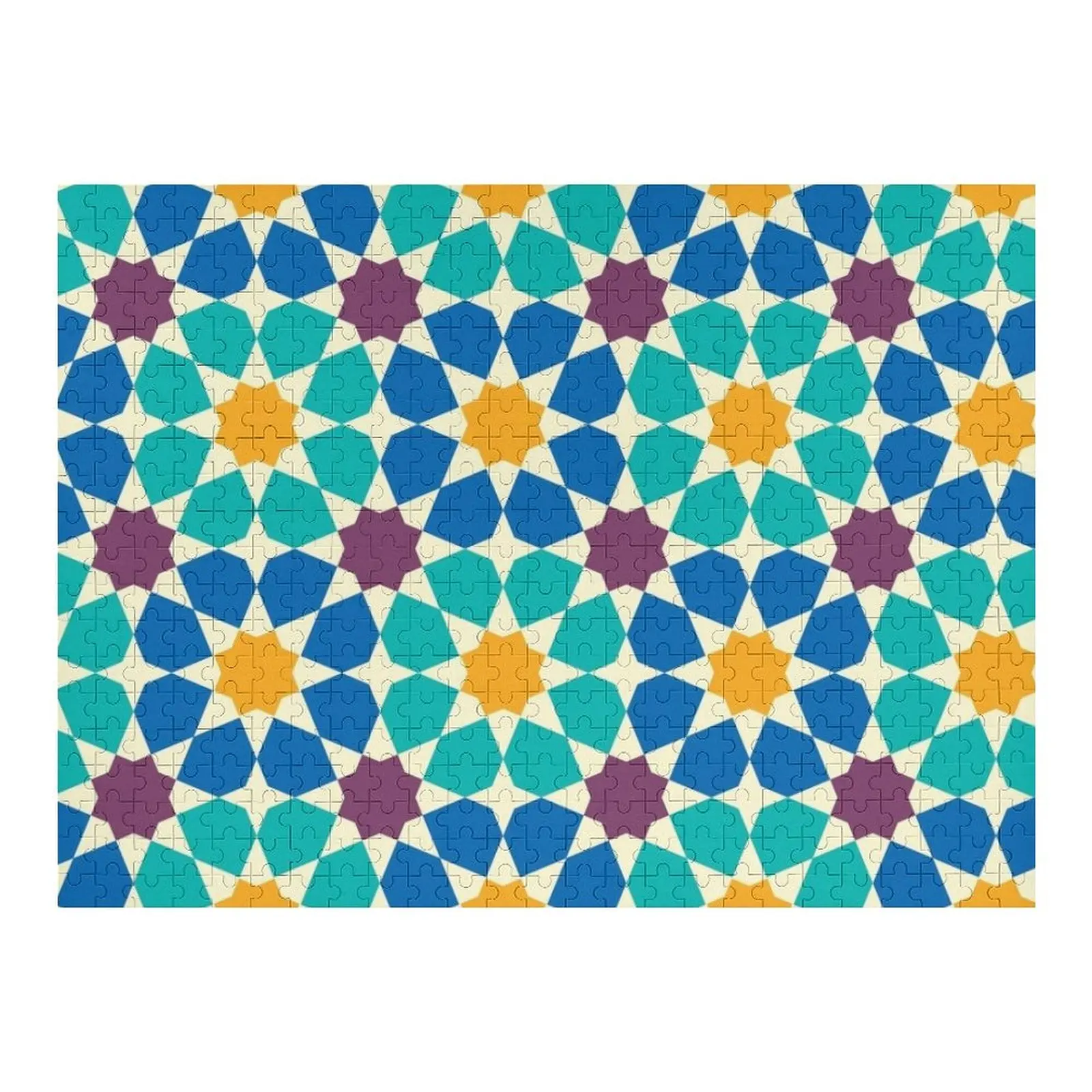 모로코 패턴. 전통 민속 기하학적 장식이 있는 패치워크 모자이크 직소 퍼즐 나무 사진 맞춤형 퍼즐