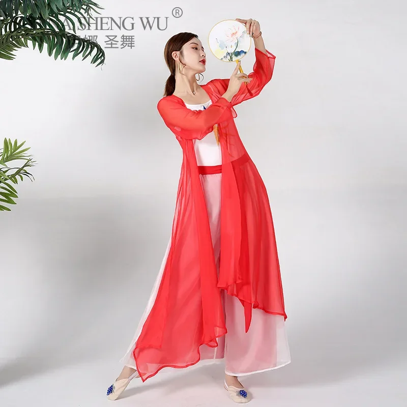 

Китайские танцевальные костюмы, элегантный наряд Hanfu с длинными рукавами, женский современный классический костюм для сценического шоу, платье для танцев с веером