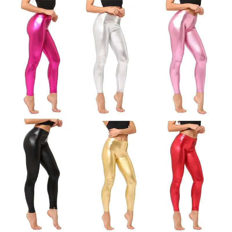 New Candy Colored Shiny Leather Metal Texture Simulated Leather Pants Women's Base Layer Pants Autumn Season Nine Points