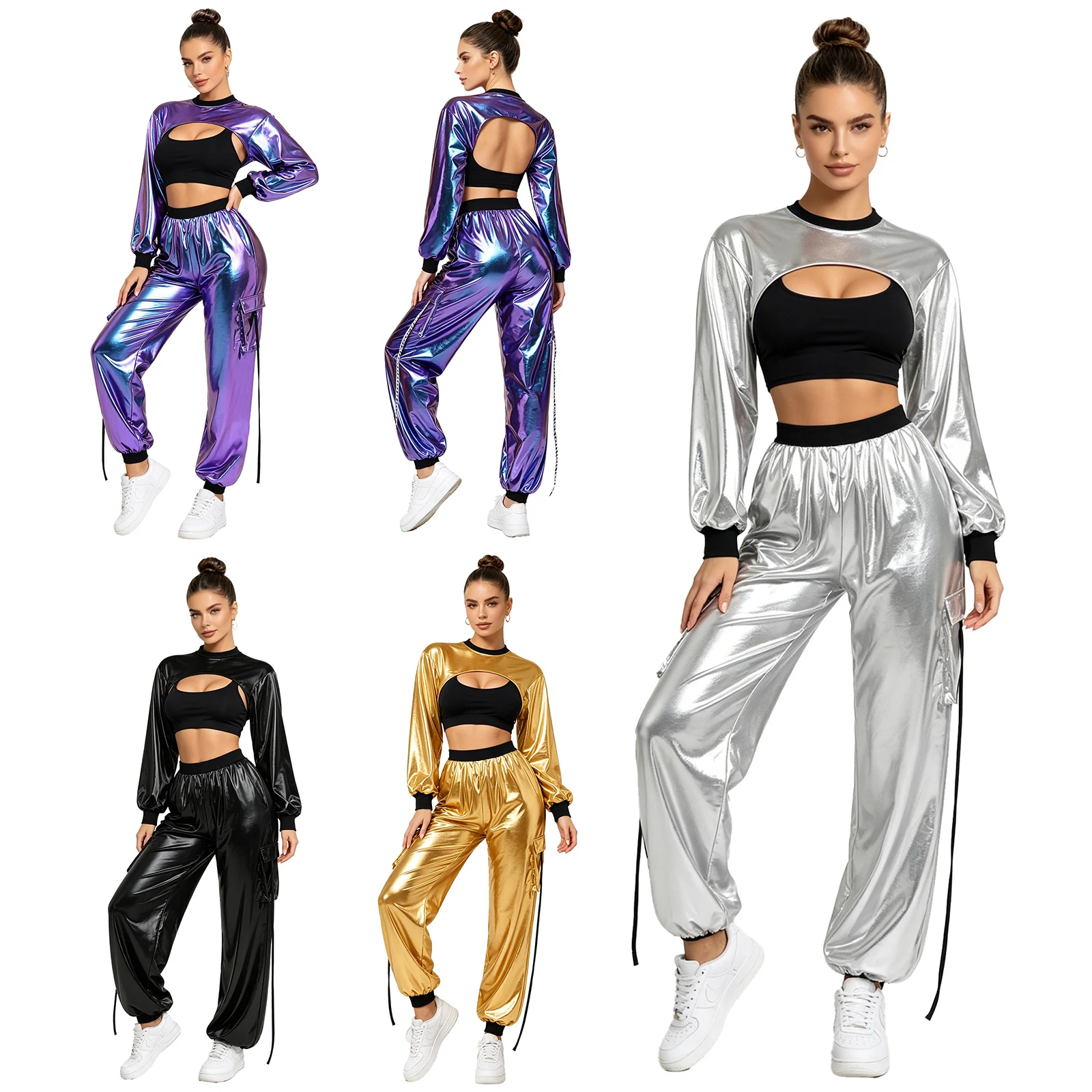 women-metallic-shiny-hip-hop-outfit-crop-top-with-cargo-jogging-pants-for-jazz-street-dance-disco-party-bar-nightclub-streetwear