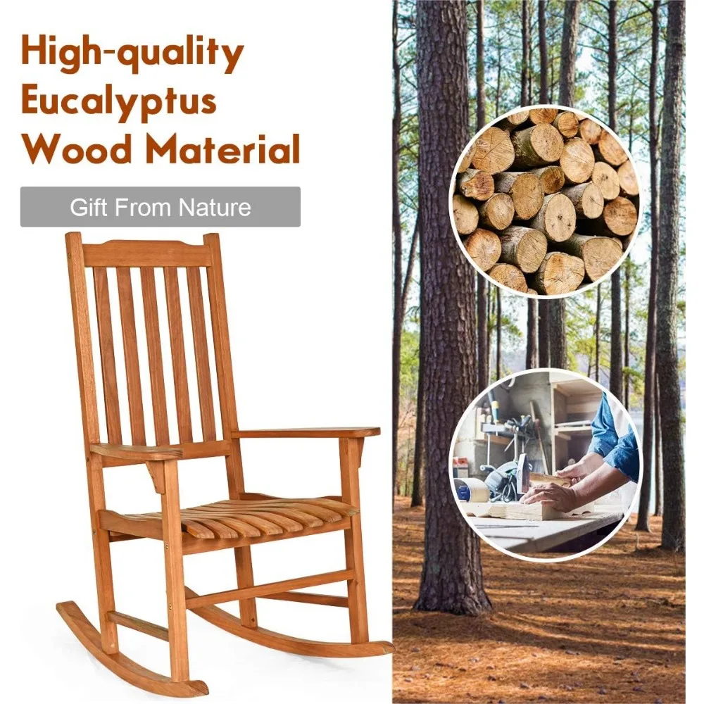 Pair of Eucalyptus Wood Porch Rocking Chairs for Outdoor and Indoor, Natural Finish, Ideal for Front Porch Seating