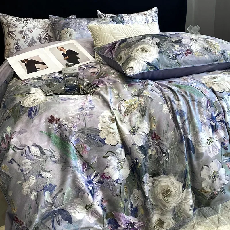 

Gray Purple Floral Print 4Pcs 600TC Egyptian Cotton Bedding Comforter Quilt Cover Zip Closure Duvet cover Bed Sheet Pillowcases