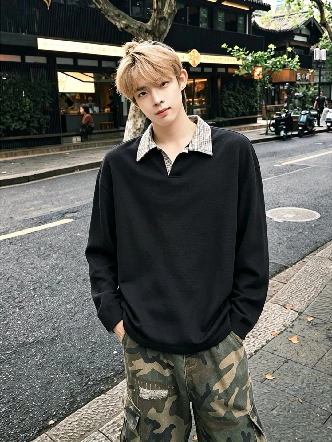 Standard Fit Long Sleeve  Shirt for Men with School Uniform Style Casual Youthful Feel Checkered Base Layer Top with Collar